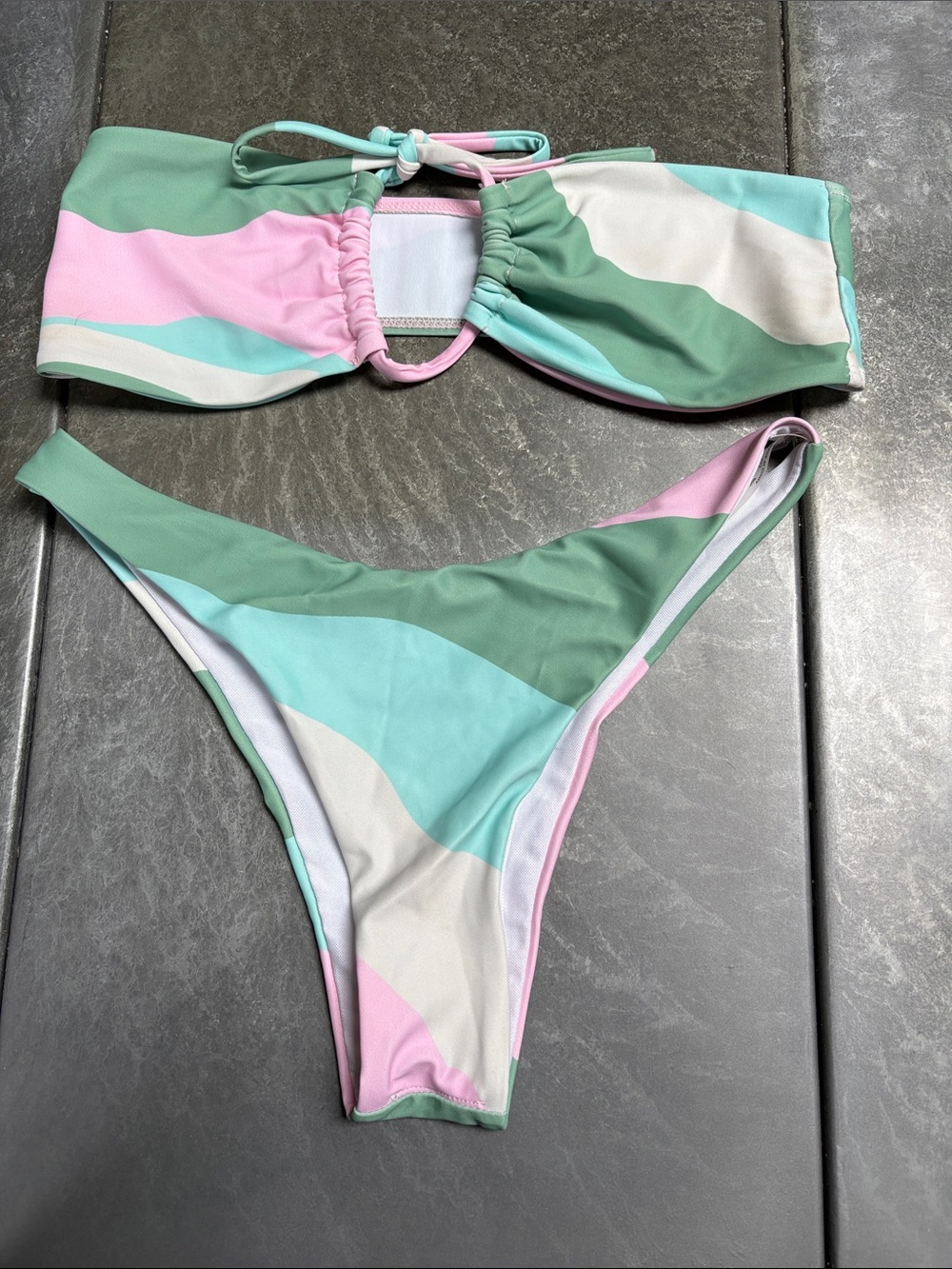 SHEIN Mint Green and Pink Colorblock Bikini Top